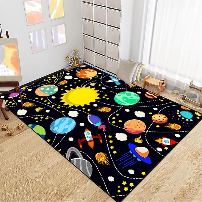 Space Rug for Boys Room - 2.5×4 ft Outer Space Rugs for Boys Bedroom Living Room Cute Cartoon Universe Theme Pattern Carpet Rug Kids Home Decor Floor Mats Doormats Crystal Polyester Galaxy Area Rug