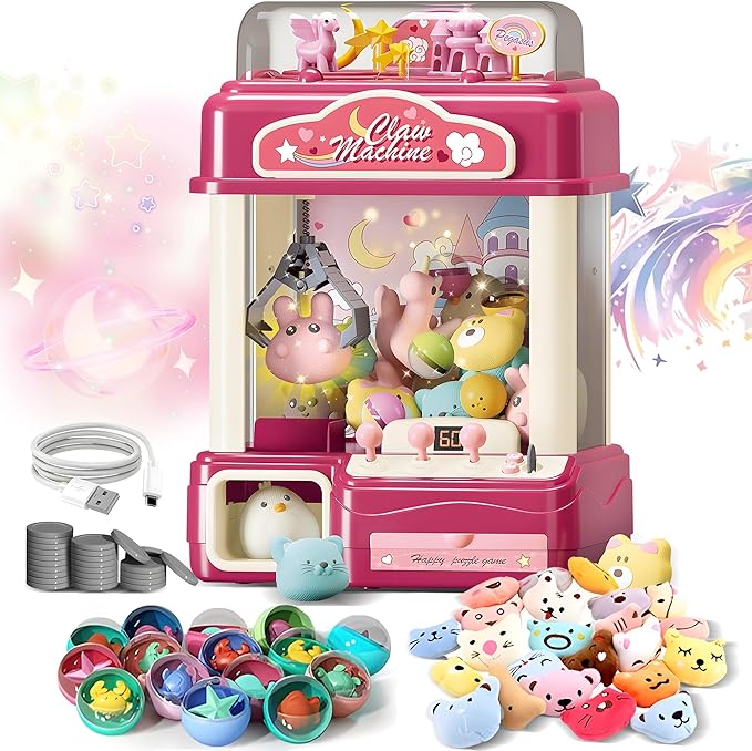 Interactive Claw Toy Arcade Machine with Prizes, Kids Vending Machine with Lights, Music, Plush Toys & Capsules, Mini Claw Machine USB Rechargeable, Birthday Gift for Girls Ages 4-12