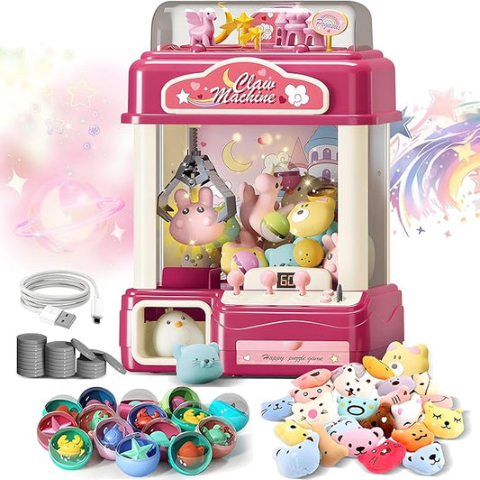 Interactive Claw Toy Arcade Machine with Prizes, Kids Vending Machine with Lights, Music, Plush Toys & Capsules, Mini Claw Machine USB Rechargeable, Birthday Gift for Girls Ages 4-12