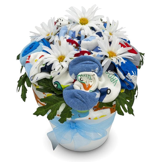 Deluxe Baby Blossom Clothing Bouquet | Newborn Baby Boy Gift Set | Unique Baby Gift Basket for Expecting Moms | New Baby Gift Basket | Blue Baby Gift Set | Baby Boy Outfits | Nikki's Gift Baskets