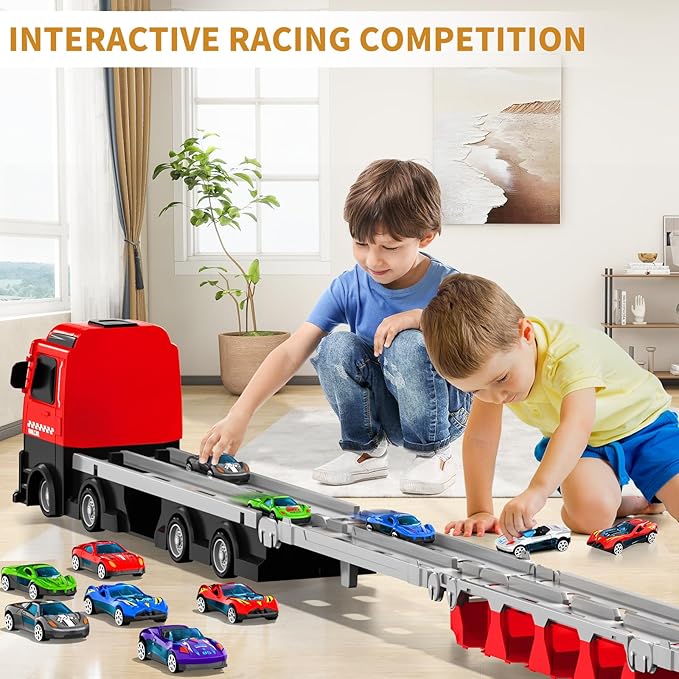Racing Car Railway Truck Toy for Boys 2 3 4 5 6 7 Years Old - 78.7-inch Transport Carrier Trucks, Foldable Tracks Storage, die-cast Car, for Toddlers and Kids Aged 3-5