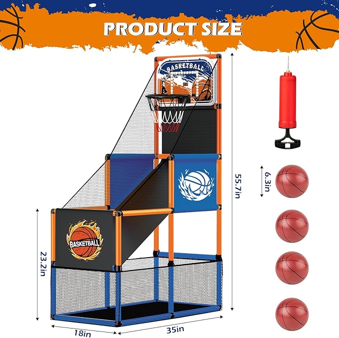 Arcade Basketball Game Set for Kids 3-12 – Indoor & Outdoor Basketball Hoop with 4 Balls, Adjustable Height, LED Scoring, Air Pump & Storage – Fun Sports Toy for Boys & Girls Ages 4-8, 8-12
