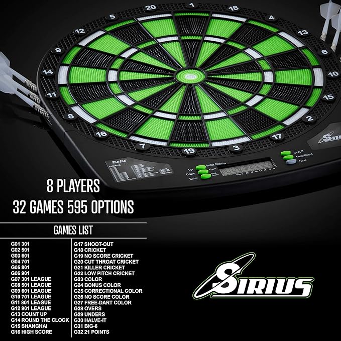 Fat Cat Sirius 13.5 Inch Compact Target Electronic Dartboard, Black and Green