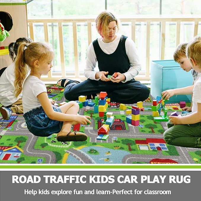 Capslpad Green Car Road Kid Rug Carpet Playmat for Playoom Traffic Road Kids Play Mat for Toddler Non Slip Washable City Map Race Track Carpet Rug for Kids Room Bedroom Nursery Room Decor,6.6'x6.6'