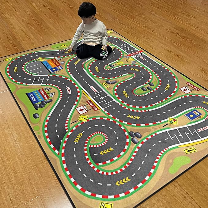 Kids Rug, Race Track Playmat Rugs - 5x7 Ft Kids Carpet with Rubber Backing, Start and Finish line Racing Track Marking Car or Karting Road Race 3D Play Mat Nursery Rugs for Children Bedroom Playroom