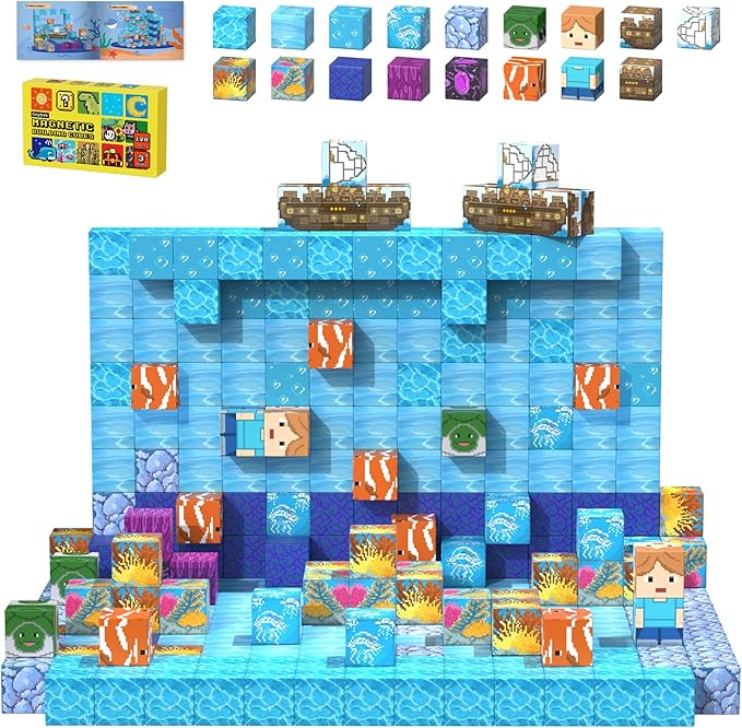 Magnetic Blocks-120PCS Ocean Quest Set，Magnetic Building Blocks Kids Toys for Ages 3 4 5 6 7 8-13 Birthday Gifts，STEM Montessori Sensory Toys for 3+ Years Old Boys & Girls