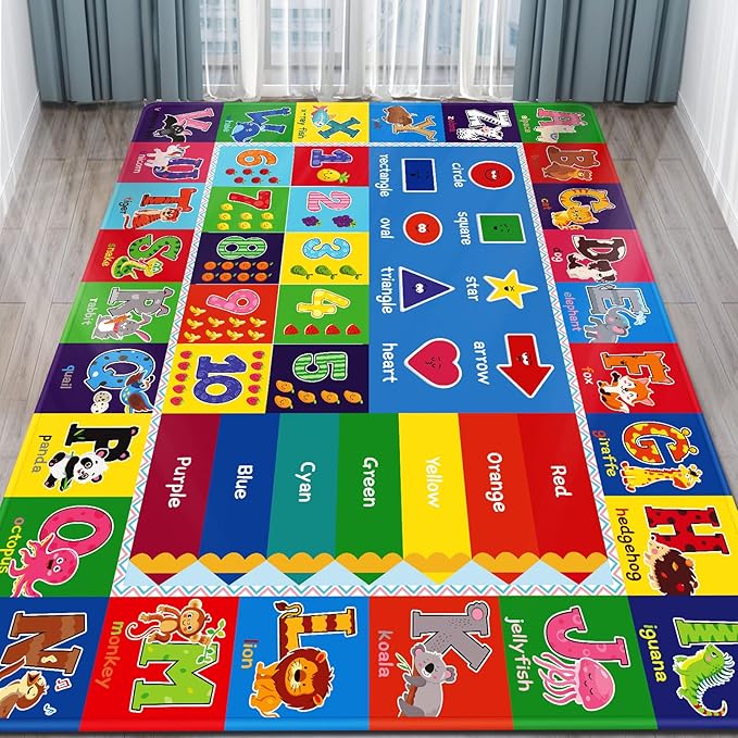 Kids Play Rug for Playroom, ABC Educational Area Rug, Toddler Baby Play Mat, Alphabet Animal Soft Non-Slip Kids Rug Carpet for Boy Girl Bedroom (110X78.7 INCH Blue)