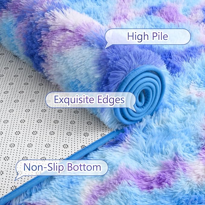 AROGAN Soft Rainbow Area Rugs for Girls Room 5x8 Feet, Fluffy Cute Colorful Princess Carpet for Kids Teens Nursery Toddler,Bedroom Blue and Purple