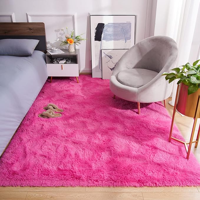 Amearea Shag Fluffy Area Rug for Bedroom Girls Living Room, Extra Soft and Fuzzy Shaggy Rugs, Non Slip, Solid Color Carpet Mat for Boys Nursery Home, Hot Pink 5.3x7.5 Feet