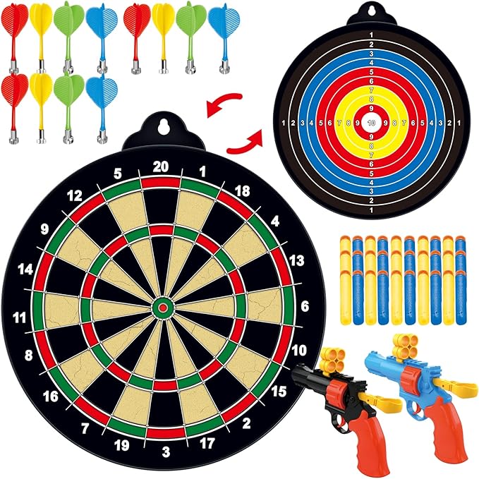 Magnetic Dart Board for Kids, Double-Sided Dart Board Set with 2 Toy Guns, 32 Dart Bullets, Excellent Indoor Game and Party Games, Magnetic Dart Board Game Toys Gifts for Kids Adults Boys Girls