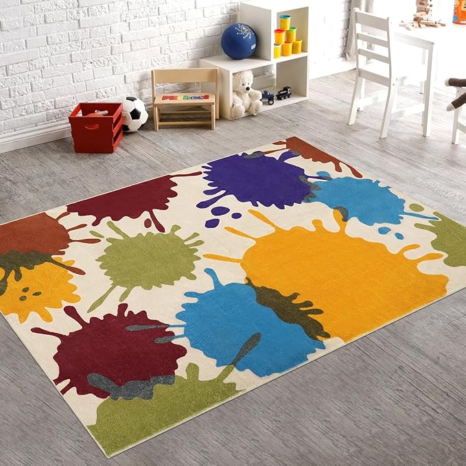 STARUIA Art Bedroom Rug, 4'x6' Machine Washable Kids Rug for Playroom, Paint Splash Rainbow Area Rug for Classroom, Soft Colorful Living Room Rug Throw Play Mat for Nursery Office Preschool