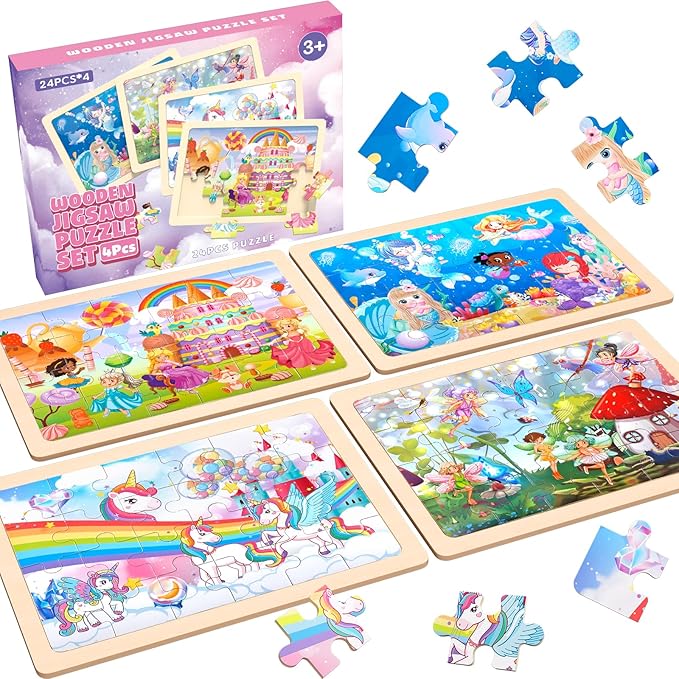 Wooden Puzzles for Kids Ages 3-6+ Unicorn Mermaid Princess Fairy 4 Pack Puzzles for Girls, 24-Piece Toddler Puzzles, Educational Preschool Birthday Christmas Easter Gifts for 3 4 5 6 Year Old Girls
