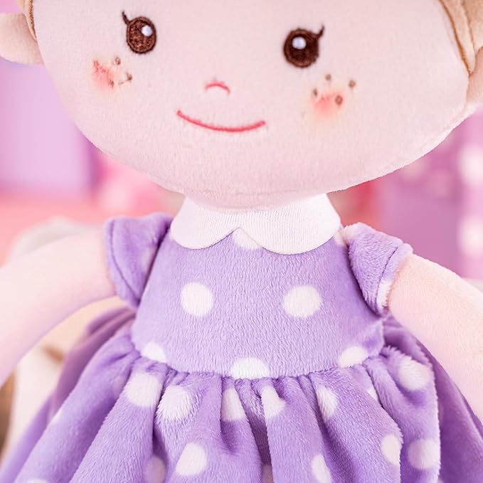 Onetoo Plush Rag Doll First Baby Doll Soft Baby Doll Sleeping Cuddle Buddy Doll for Girls Wear Purple Polka Dot Dress 14"（Milly Series）
