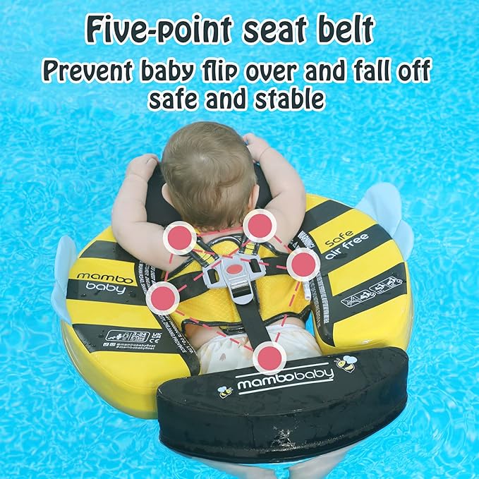 Mambobaby Float Add Tail Baby Swim Float with Canopy Solid Pool Infant Swim Trainer Swimming Training Lying Air Free Water Floats Non-Inflatable Waist Swim Ring for Toddlers (Bee)