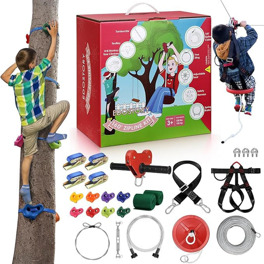 EDOSTORY 160 Feet Backyard Zip Line Kit for Kids and Adult Outdoor Up to 330lb Zipline with Spring Brake and Safety Harness with 4 Tree Climbers, Christmas and Birthday Gifts for Kids(Red)