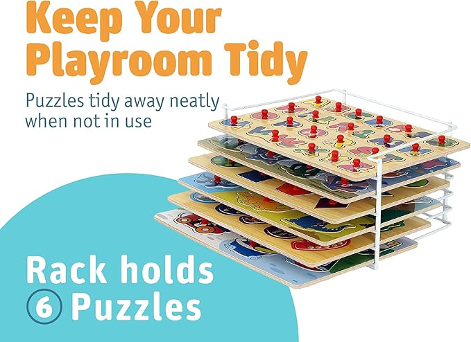 Etna Products Wooden Puzzles Set, Includes 6 Educational Puzzles and Wire Storage Rack - ABC, Numbers, Shapes, Vehicles and Animals - For Kids Age 3 Plus