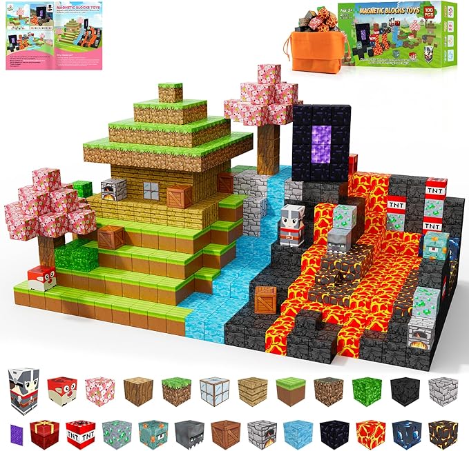 Magnetic Blocks, 100PCS Build Magnet Magic Portal Set, Build with Cubes Tiles, STEM Building Game Sensory Surprise for Toddlers Kids 3+ Year Old