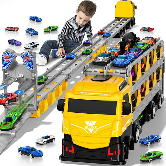 Racing Car Railway Truck Toy for Boys 2 3 4 5 6 7 Years Old - 78.7-inch Transport Carrier Trucks, Foldable Railway Storage, die-cast Car, for Toddlers and Kids Aged 3-5