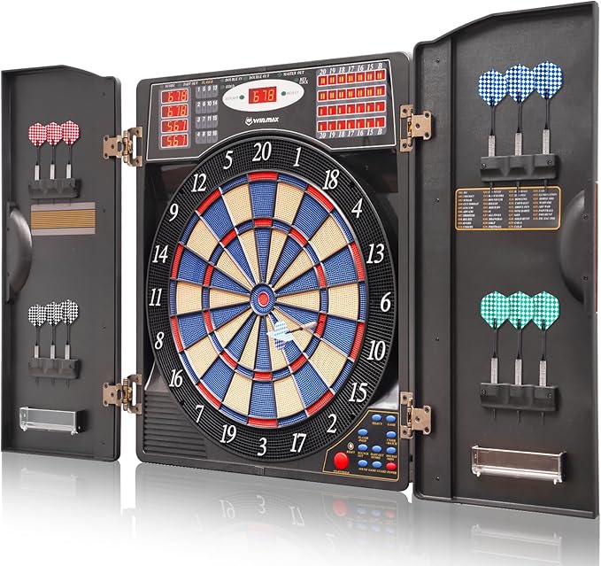 WIN.MAX Electronic Dart Board Cabinet Set, LED Electric Digital Soft Tip Dart Boards for Adults with Cabinet, up to 16 Players, 38 Games and 211 Variations with 12 Soft Tip Dartboard Set
