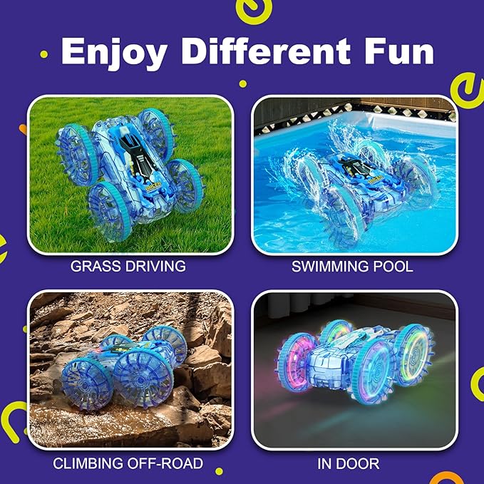 Amphibious Remote Control Car, 4WD Waterproof RC Car 360° Flips Rotation Hand Gesture Stunt RC Boat Pool Toy for Kids Ages 4-8, Lake Beach Water Toys Birthday Gifts for 5 6 7 8-12 Year Old Boys