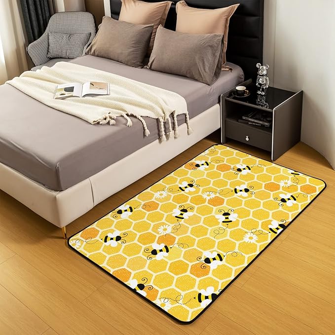 Erosebridal Bee Area Rug 3x5, Honeycomb Rug for Kids Boys Girls, Flying Wildlife Flowers Geometric Carpet for Bedside, Hexagon Beehive Farmhouse Floral Simplistic Geometry Non Slip Decorative Rug