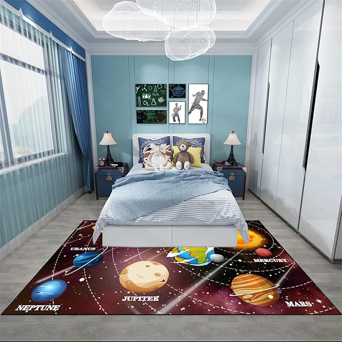 Boys Space Area Rugs for Bedroom Educational Learning Large Carpet Rug Indoor Sofa Floor Mats Solar System Space Theme Living Bedroom Dining Room Decor Crystal Polyester Area Rug Door Mats, 3'×5'