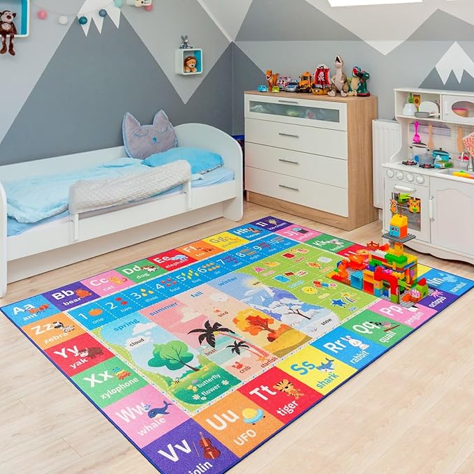 ABC Kids Rug for Playroom, 3x5 Washable Classroom Area Rugs, Toddler Educational Play Mat with Alphabet Numbers Seasons Shapes, Learning Fun for Preschool Children, Colorful