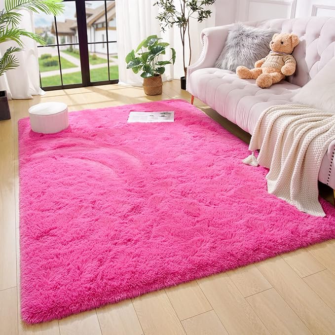 Amearea Shag Fluffy Area Rug for Bedroom Girls Living Room, Extra Soft and Fuzzy Shaggy Rugs, Non Slip, Solid Color Carpet Mat for Boys Nursery Home, Hot Pink 5.3x7.5 Feet