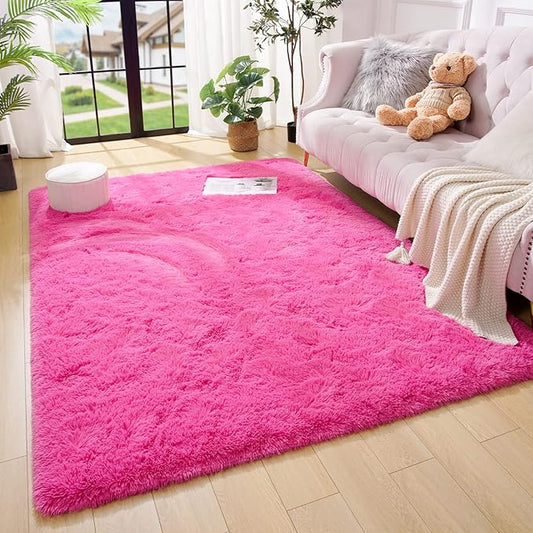 Amearea Shag Fluffy Area Rug for Bedroom Girls Living Room, Extra Soft and Fuzzy Shaggy Rugs, Non Slip, Solid Color Carpet Mat for Boys Nursery Home, Hot Pink 5.3x7.5 Feet