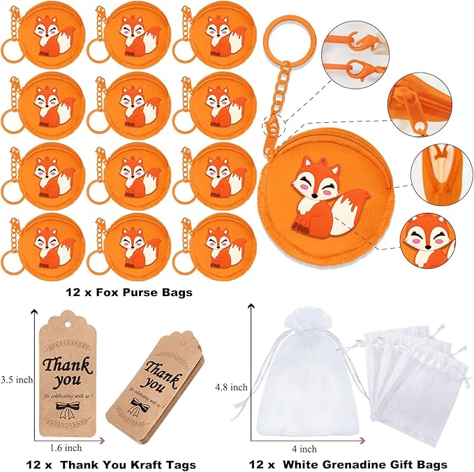 36 Pack Fox Change Purses Set Include 12 Fox Wallets with Keyring, 12 Thank You Tags and 12 Organza Bags for Woodland Animals Forest Wild One Camp Party Supplies,Orange