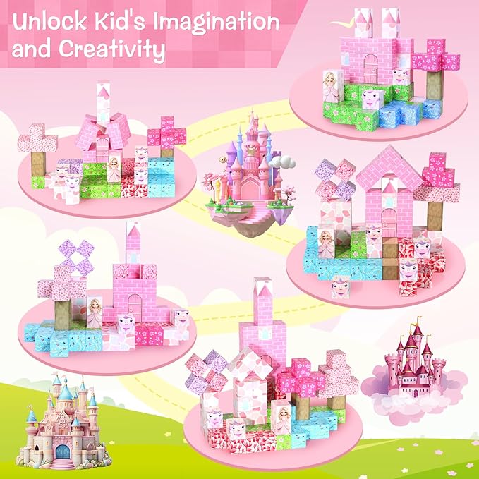 Magnetic Blocks - 100PCS Magnetic Blocks Princess Toys, Unicorn Building Cubes, STEM Montessori Sensory Education Toys for Christmas Birthday Gift Boys & Girls, for Kids Ages 3+
