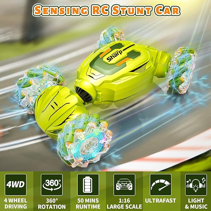Gesture Sensing RC Stunt Car, Remote Control Car Christmas Birthday Gifts for Kids Age 6-12, 2.4Ghz Hand Controlled Twist Cars, 360° Rotating Off Road Car Toy for Boys Girls Age 6 7 8 9 10 11+(Green)
