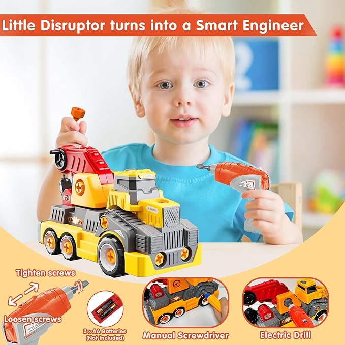 11inches Large Take Apart Construction Toys Crane Trucks for Boys Girls Kids 3-10 Year Old Electric Drill Toys