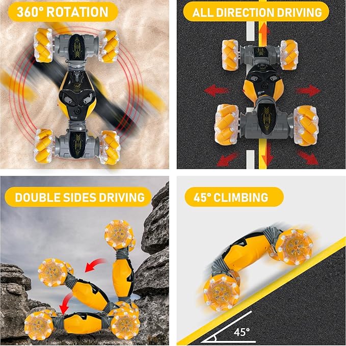 RC Cars Gesture Remote Control Car with Light Music 1:12 Hand Controlled Rc Car 2.4GHz 4WD Rc Stunt Car Gesture Sensing Double Sided 360° Rotation Off-Road Vehicle for Boys Girls(Yellow,Pro)