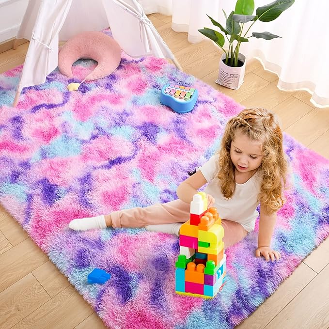 AROGAN Soft Rainbow Area Rugs for Girls Room 6x9 Feet, Fluffy Girls Bedroom Rugs, Princess Rug, Cute Colorful Carpet for Kids Teens Nursery Toddler, Hot Pink
