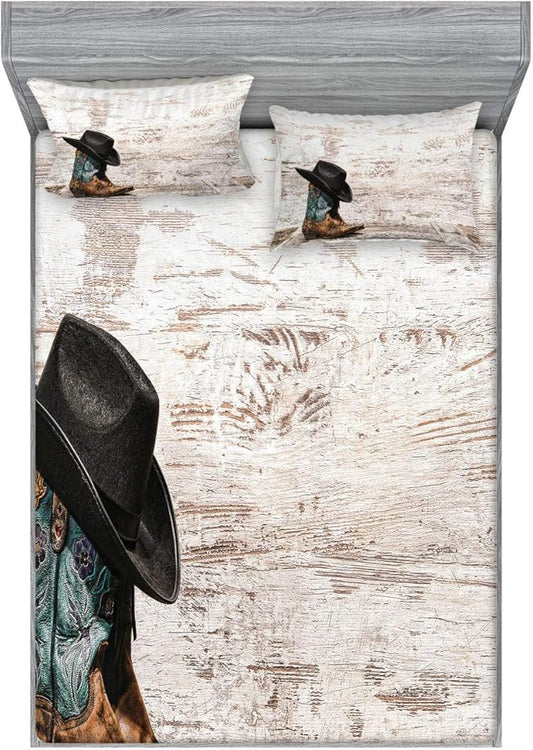 Ambesonne Western Fitted Sheet & Pillow Sham Set, Traditional Rodeo Cowboy Hat and Cowgirl Boots Retro Grunge Background Art Photo, Decorative Printed 3 Piece Bedding Decor Set, Calking, Black Brown