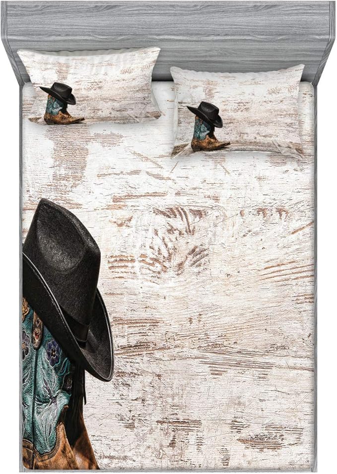 Ambesonne Western Fitted Sheet & Pillow Sham Set, Traditional Rodeo Cowboy Hat and Cowgirl Boots Retro Grunge Background Art Photo, Decorative Printed 3 Piece Bedding Decor Set, King, Black Brown