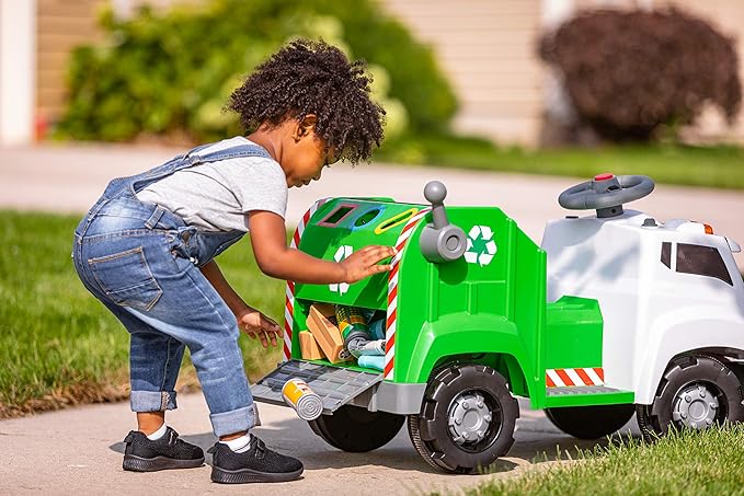 Kid Trax Real Rigs Toddler Recycling Truck Interactive Ride On Toy, Kids Ages 1.5-4 Years, 6 Volt Battery and Charger, Sound Effects, 9 Recycling Accessories Included,Green