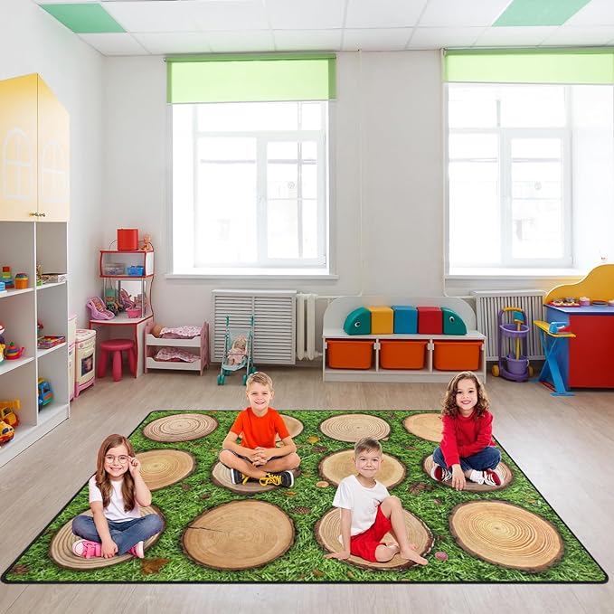 Kids Rug, Classroom Carpets Playmat Rugs - 6x9 Ft Kids Carpet with Rubber Backing, Green Grass Tree Stump Classroom Seating Rug Play Mat Nursery Rugs for Children Bedroom Playroom Elementary -Seats 12