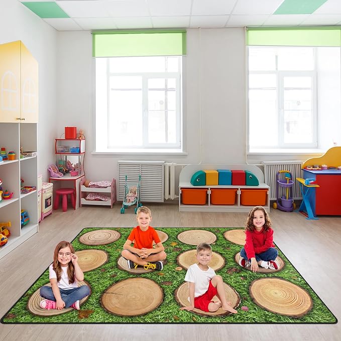 Kids Rug, Classroom Carpets Playmat Rugs - 5x7 Ft Kids Carpet with Rubber Backing, Green Grass Tree Stump Classroom Seating Rug Play Mat Nursery Rugs for Children Bedroom Playroom Elementary -Seats 12