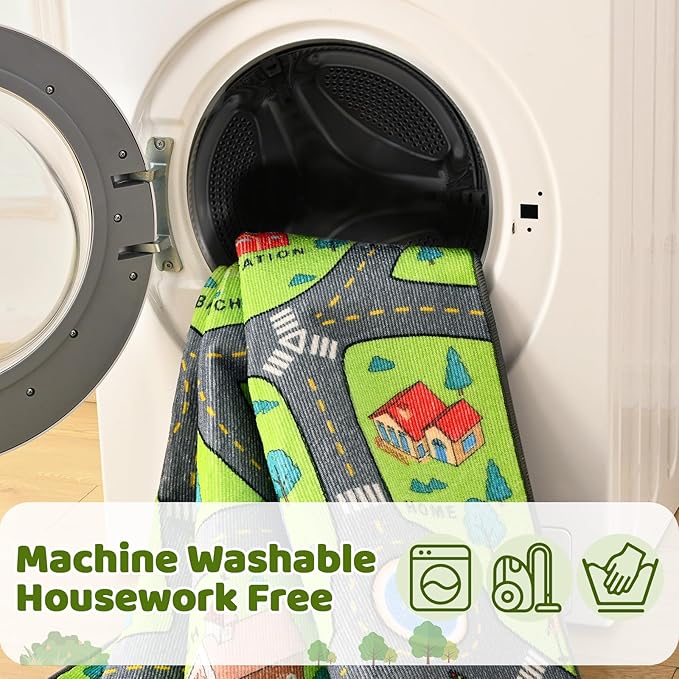 Merelax 4x6 Kids Car Rug Green Grey Area Rugs for Living Room Playroom Classroom Bedroom, Non Slip Kids Play mat Washable Rug, Educational City Traffic Road Map Fun Car Carpet for Ages 3-12