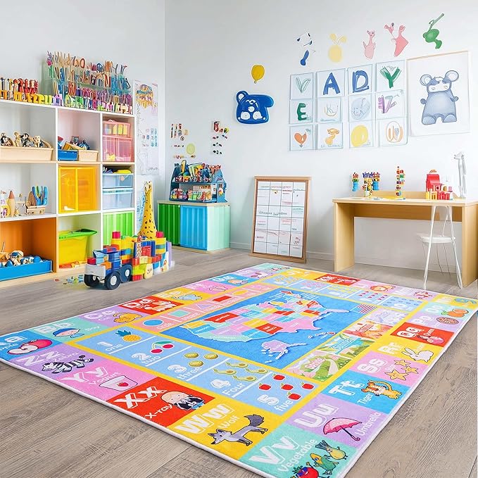 Kids Rugs for Playroom - Soft & Non-Slip 8x10 Feet Educational Rug for Learning ABC Alphabet, Numbers, Shapes & Map, Washable Classroom Rug for Toddler Nursery & Kids Room Decor