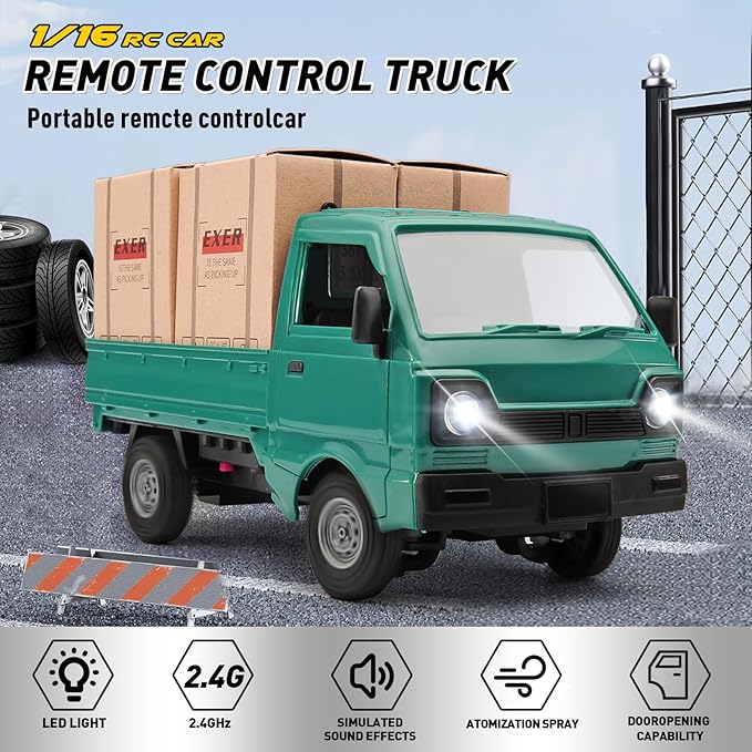 RC Car 1/16 RC Drift Car RTR Remote Control Racing Pickup Truck 2WD Truck Drift Crawler Off Road 2.4G with Spray Music and Light Vehicle Hobby Grade Toy Model for Kids and Adult (Green-1)