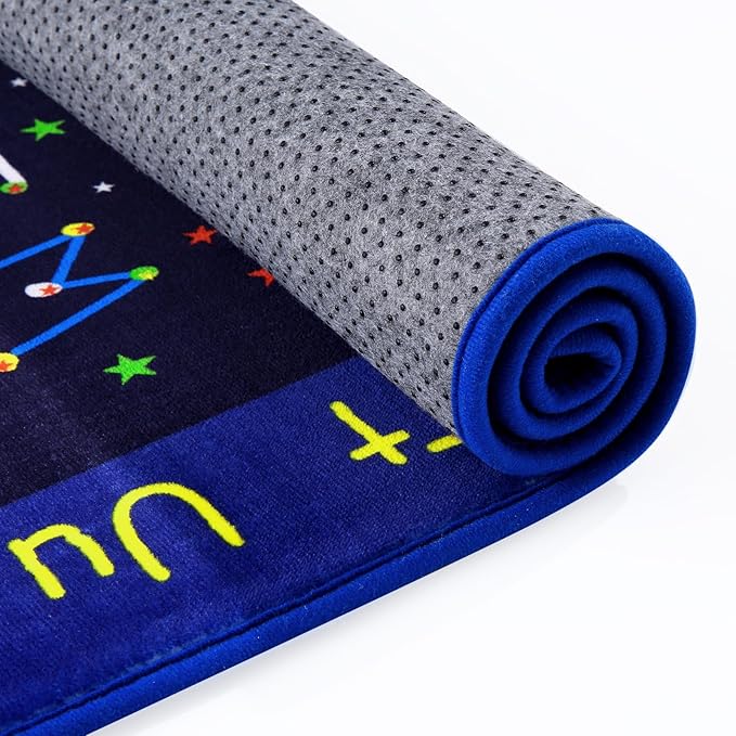 4ft Round Solar System Rug for Kids Bedroom Non Slip Outer Space Rugs Kids Play Mat Ultra Soft ABC Alphabet Learning Planet Carpet Low Pile Circle Area Rug for Playroom Classroom Nursery Blue