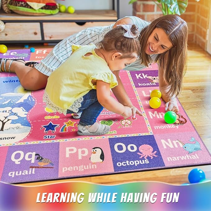 ABC Kids Rug for Playroom, 3x5 Pink Purple Washable Classroom Area Rugs, Toddler Educational Play Mat with Alphabet Numbers Seasons Shapes, Learning Fun for Preschool Children