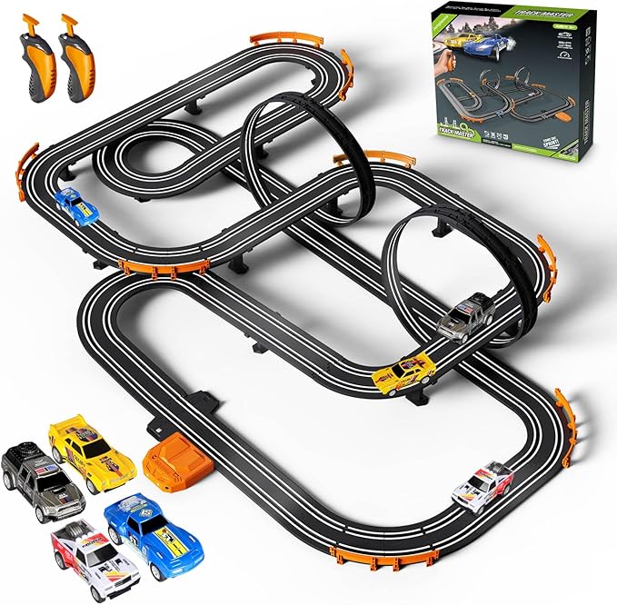 Slot Car Race Track Set Electric or Battery Powered Racing Car Track for Kids Boys, with 4 High-Speed Cars and 2 Hand Controllers,Dual Racing Game Toys for Children Age 6 7 8 Years Old