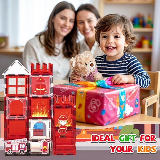 cossy Magnetic Tiles Firefighter Set, Magnetiles with Firefighter, Magnetic Tiles for Kids Ages 4-8, STEM Toys, Magnet Blocks for Boys and Girls, Creative Building Toys, Firefighter