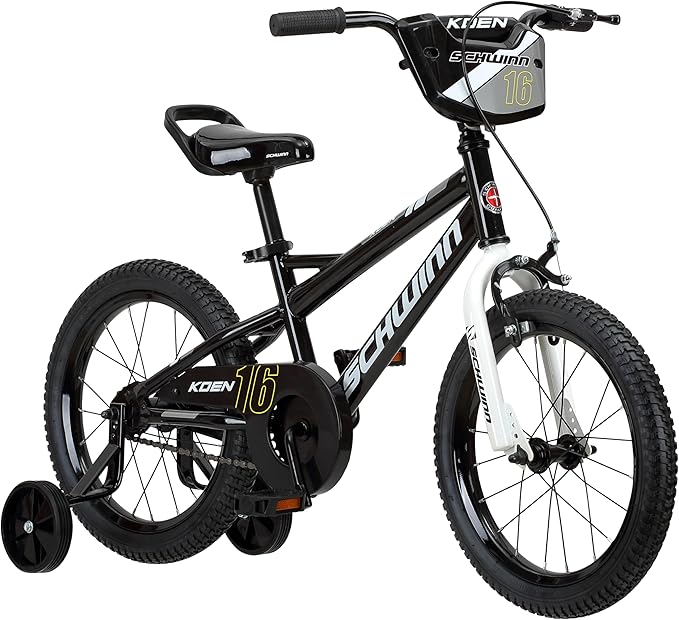 Schwinn Koen BMX Style Toddler and Kids Bike, For Girls and Boys, 16-Inch Wheels, With Saddle Handle, Training Wheels, Chain Guard, and Number Plate, Recommended Height 38-48 Inch, Black