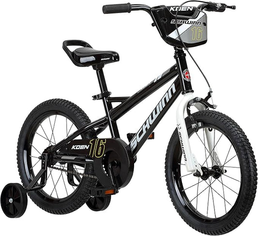 Schwinn Koen BMX Style Toddler and Kids Bike, For Girls and Boys, 16-Inch Wheels, With Saddle Handle, Training Wheels, Chain Guard, and Number Plate, Recommended Height 38-48 Inch, Black
