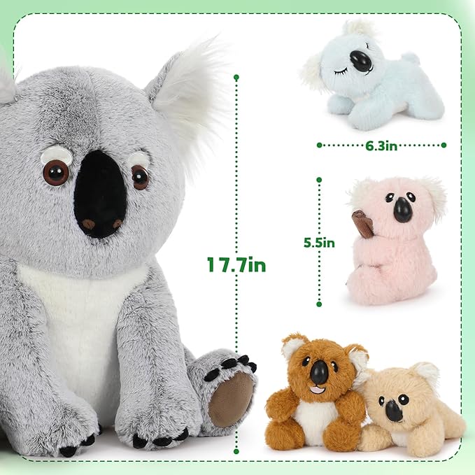 MorisMos Koala Bear Stuffed Animal 17.7 Inch Stuffed Koala Plush Mommy with 4 Babies Cute Toys Gifts for Kids Girls Boys